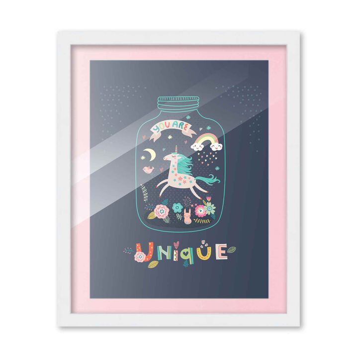 9x12 Framed Nursery Wall Art Unique Unicorn Poster with Soft Pink Mat in a 11x14 White Wood Frame