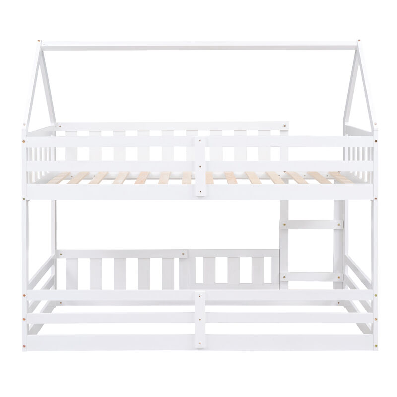 Whisen Wood Twin over Twin House-Shaped Bunk Bed with Fence with Door and Ladder - White