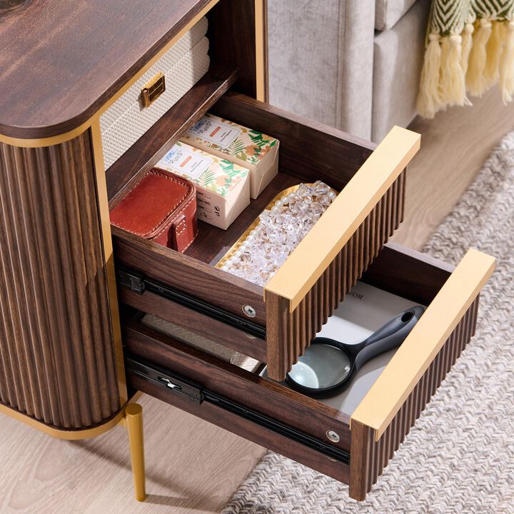 Luxury Fluted Nightstand with Charging Station, Faux Marble Top, 2 Drawers