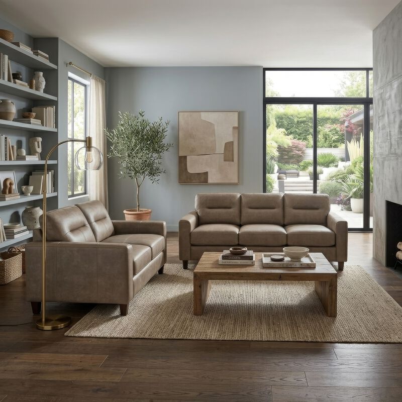 Secy 2pc Sofa and Loveseat Set, Brown Faux Leather, Pine Wood Frame image number 8