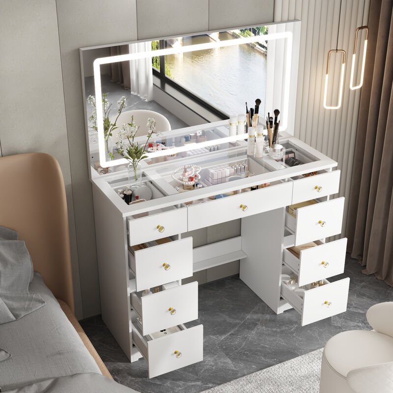 FUFU&GAGA Large Mirror Vanity Dresser with 9 Drawers & LED Lighting, Tempered Glass Top, Open Shelf, and Crystal Knobs, Modern White Finish (43.3 in.  W x 15 in.  D x 55 in.  H),White