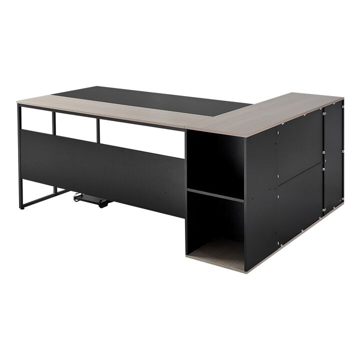 Modern L-Shaped Office Desk with CPU Stand, Storage Cabinet and Spacious Work Surface-Black