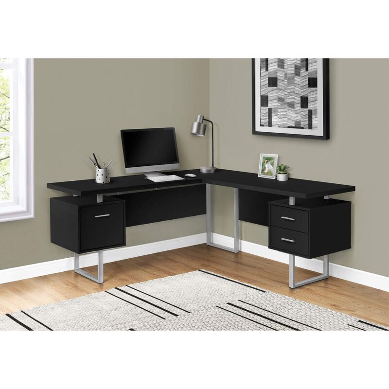 Computer Desk, Home Office, Corner, Left, Right Set-Up, Storage Drawers, 70"L, L Shape, Work, Laptop, Metal, Laminate, Black, Grey, Contemporary, Modern