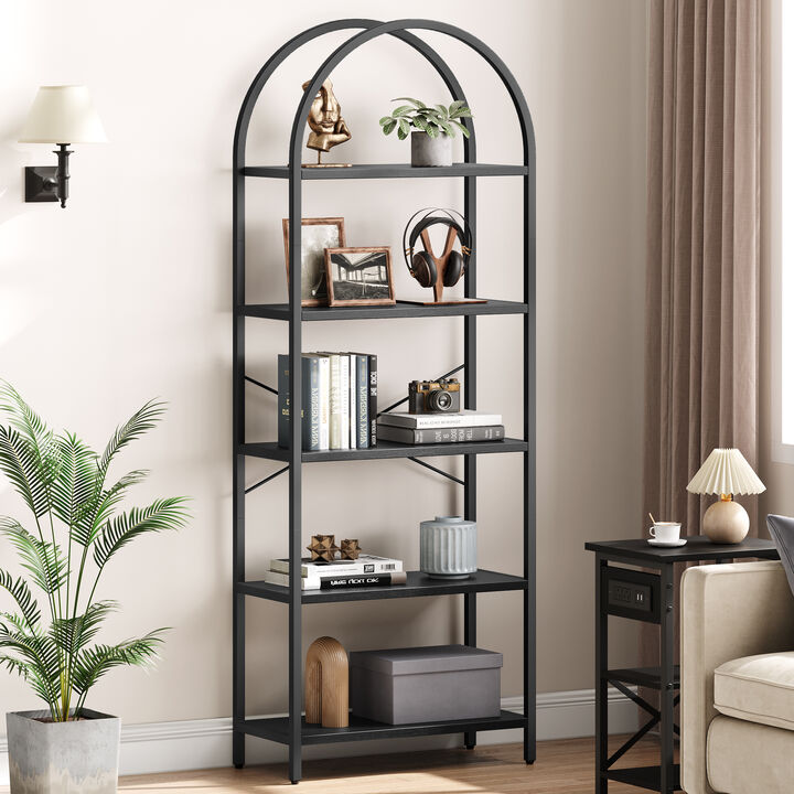 Modern Industrial Arched 5-Tier Open Bookshelf, Curved Metal Frame Freestanding Storage Display Shelf for Living Room, Bedroom & Home Office