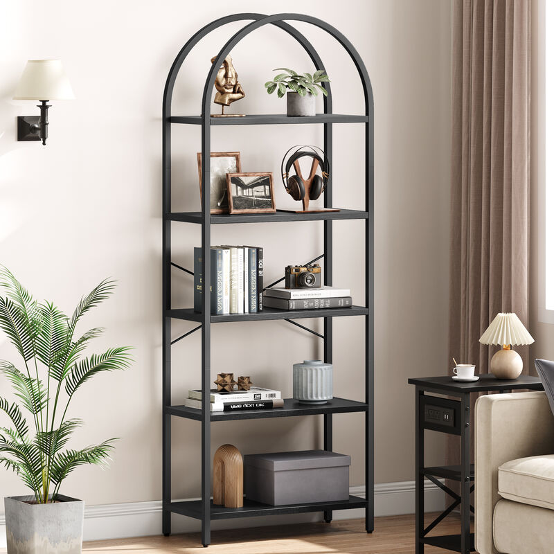Modern Industrial Arched 5-Tier Open Bookshelf, Curved Metal Frame Freestanding Storage Display Shelf for Living Room, Bedroom & Home Office image number 1