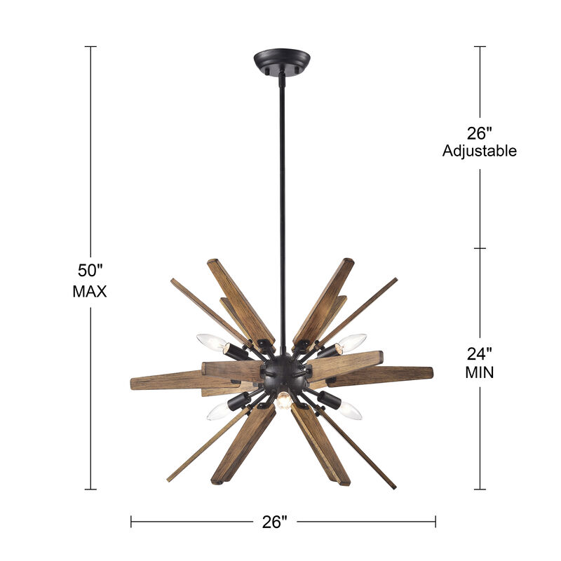 Betina Antique Black Sputnik Natural Wood 6-light Chandelier image number 3