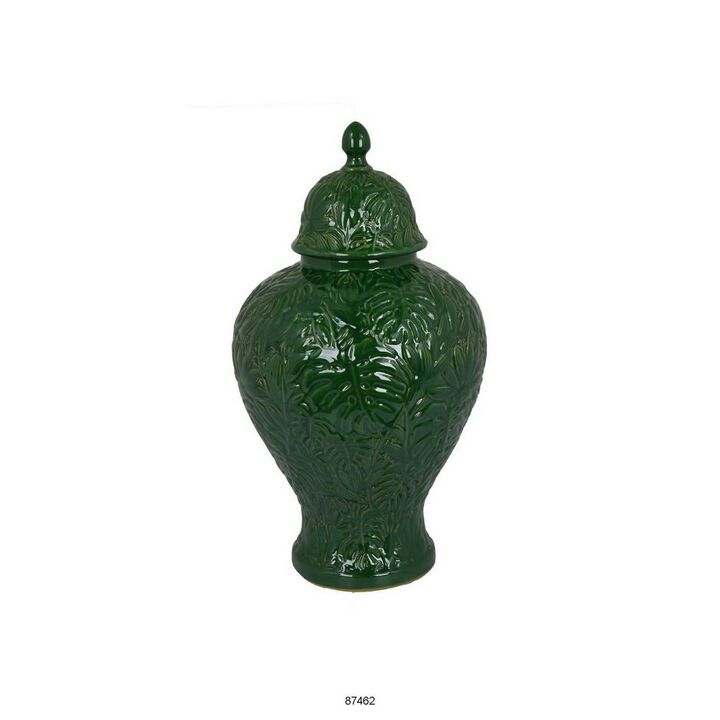 Aniea 18 Inch Accent Temple Jar, Geometric Design, Dome Lid, Green Ceramic - Benzara
