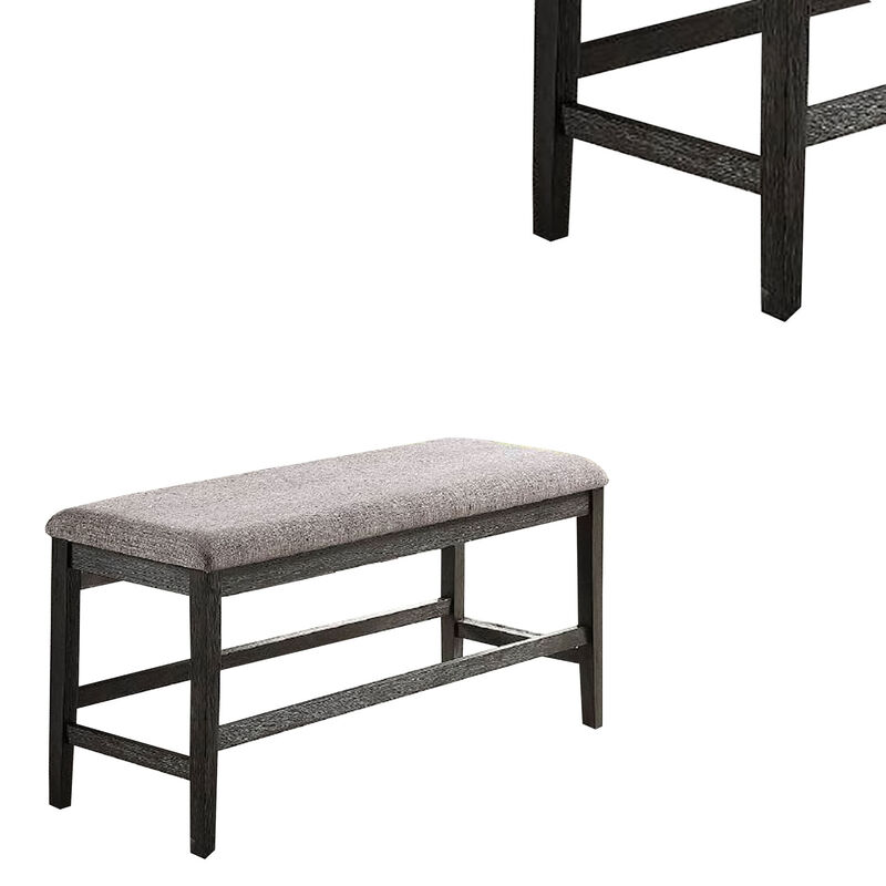 Distressed Wooden Dining Bench with Fabric Seat, Gray - Benzara