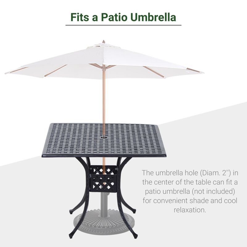 Alfresco Dining Surface: 36" Square Metal Patio Table with Umbrella Hole