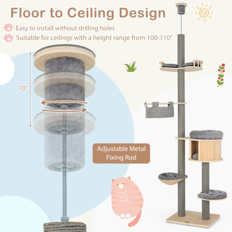 Hivvago 6-tier Floor-to-Ceiling Cat Tree 100-110 Inches Adjustable Height
