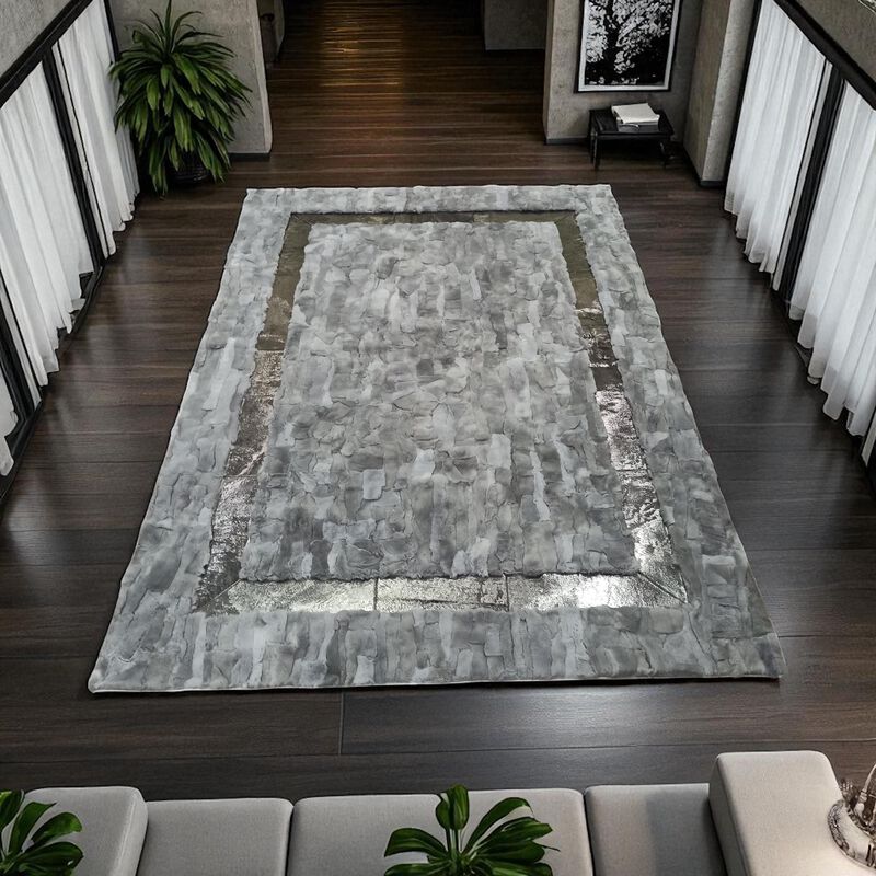 Gray Rabbit Fur Rug with Shiny Border, Soft Rex Rabbit Carpet, Custom Size Rectangular Area Rug, Luxury Fur Living Room Rug image number 1