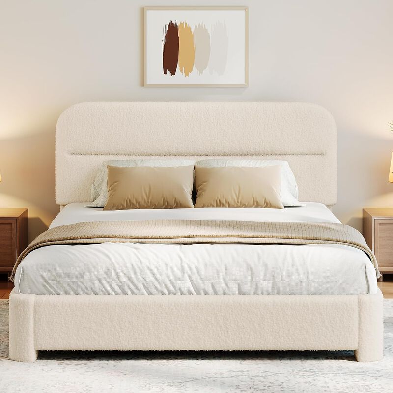Vipbear Upholstered Boucle Platform Bed Frame with Adjustable Wide Headboard, Wooden Slats, Beige image number 8