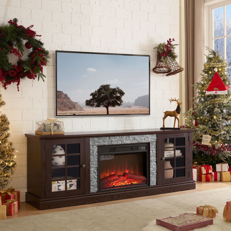 70 Inch Modern TV Stand with 23" Electric Fireplace, Faux Stone Media Console Cabinet, Entertainment Center image number 2