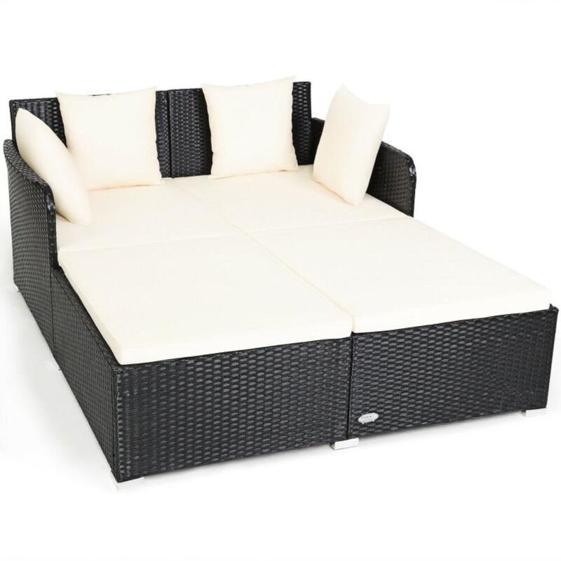 Hivvago Spacious Outdoor Rattan Daybed with Upholstered Cushions and Pillows-Black