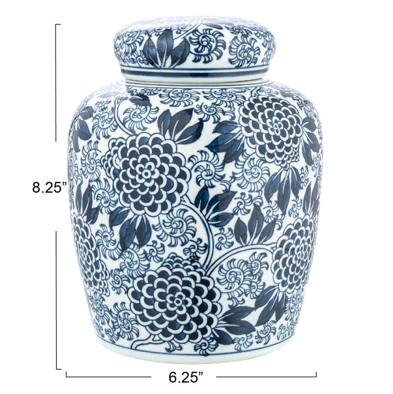 Decorative Chrysanthemum Ceramic Ginger Jar with Lid, Blue and White image number 2