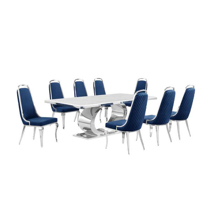 Best Quality Furniture 9pc Large(87) marble top dining set with silver base and 8 Navy blue chairs image number 0