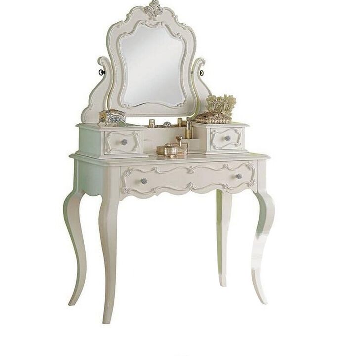 63 Inch Wood Classic Vanity Desk with Mirror, 3 Drawers, Carved, White - Benzara