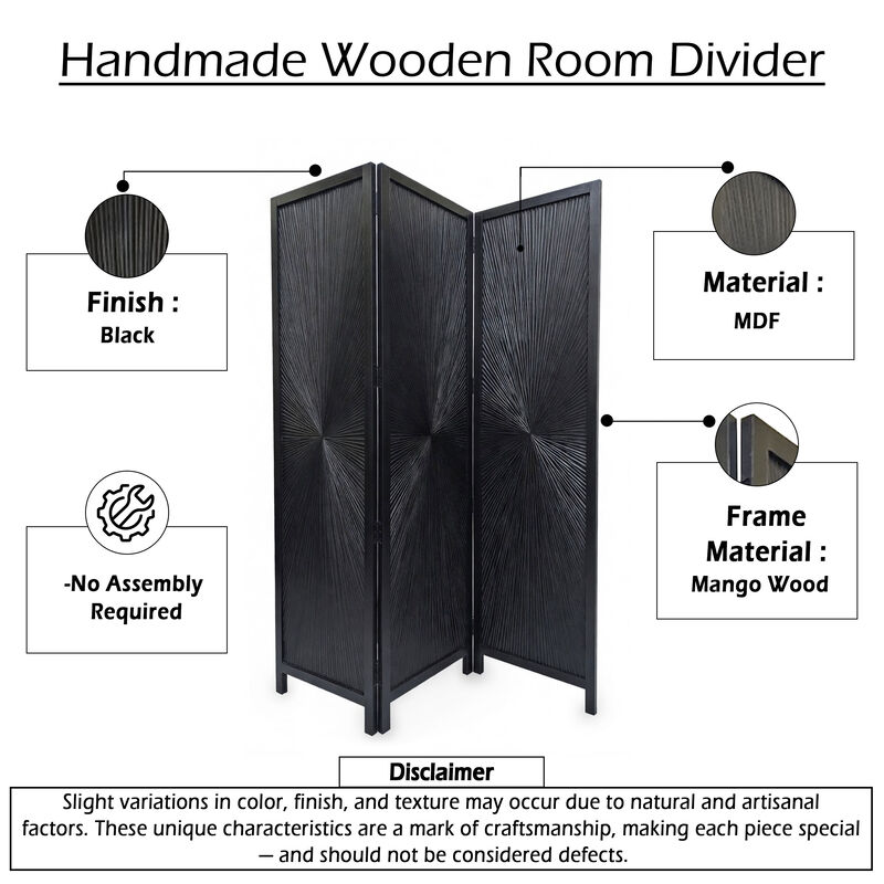 Cava 3 Panel Folding Room Divider Screen, Sunburst Design, Black Mango Wood, 72" H image number 6