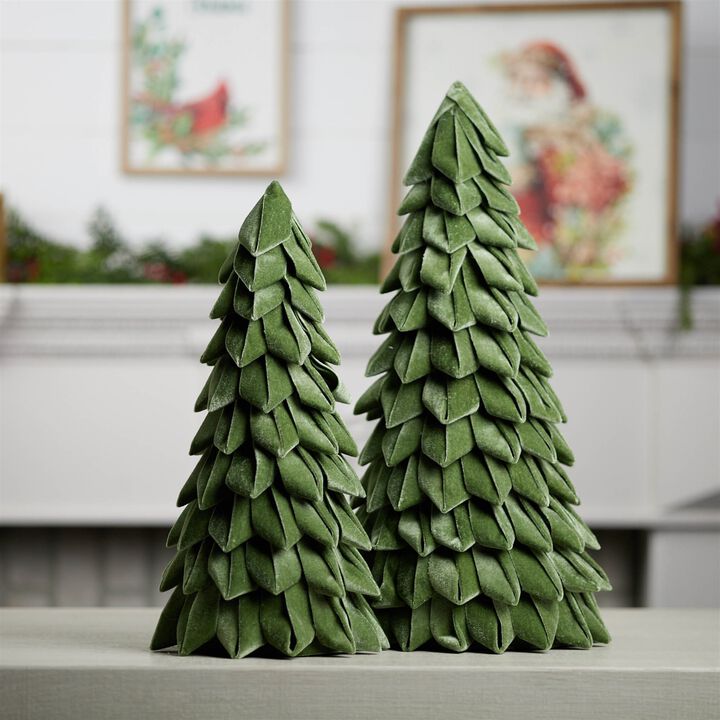Set of 2 Fabric Pine Trees – Rustic Textile Christmas Tree Decorations for Winter Shelf or Table Display