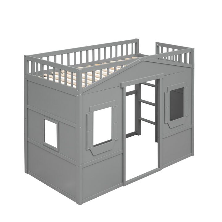 Twin Size House Loft Bed With Ladder-Gray