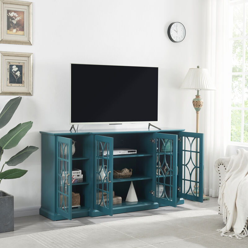 63" TV Stand, Storage Buffet Cabinet, Sideboard with Glass Door and Adjustable Shelves, Console Table for Dining Living Room Cupboard, Teal Blue