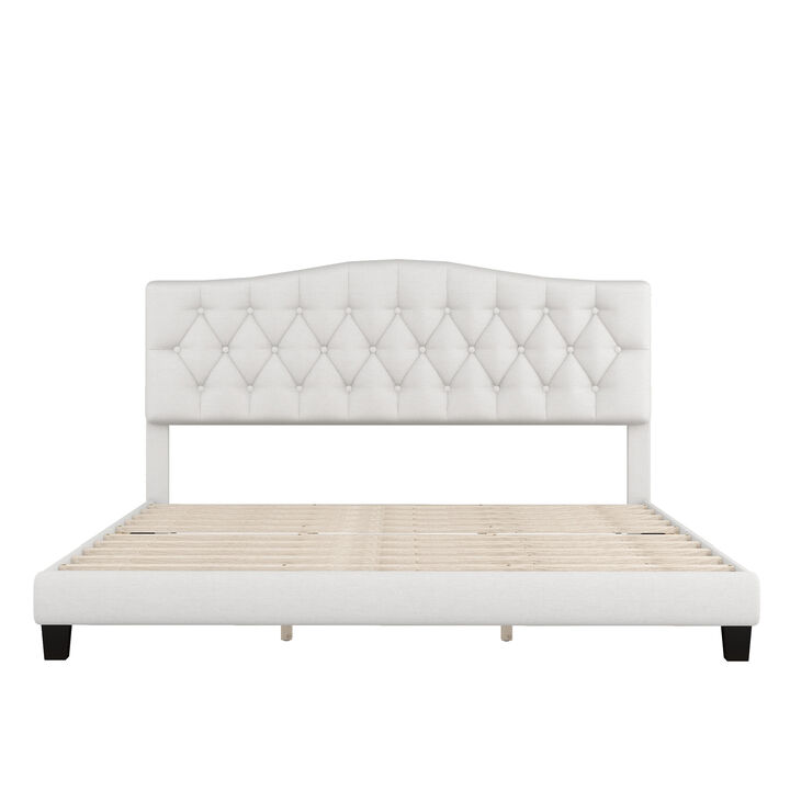 Merax Upholstered Platform Bed with Saddle Curved Headboard and Diamond Tufted Details