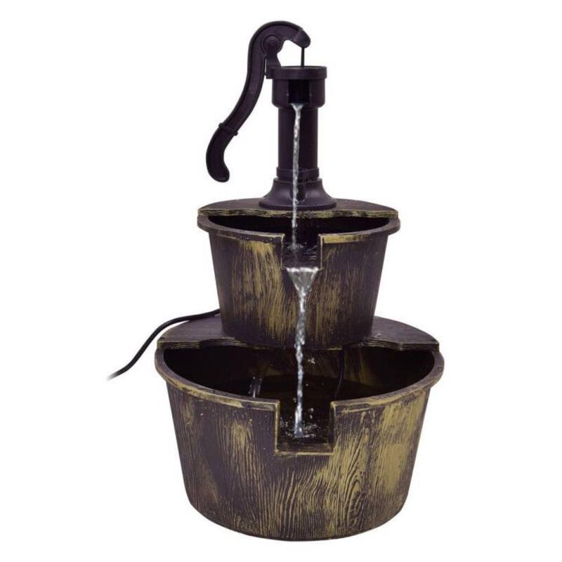 Outdoor 2-Tier Rustic Barrel Water Fountain with Submersible Pump for Charming Garden or Patio D&eacute;cor image number 2