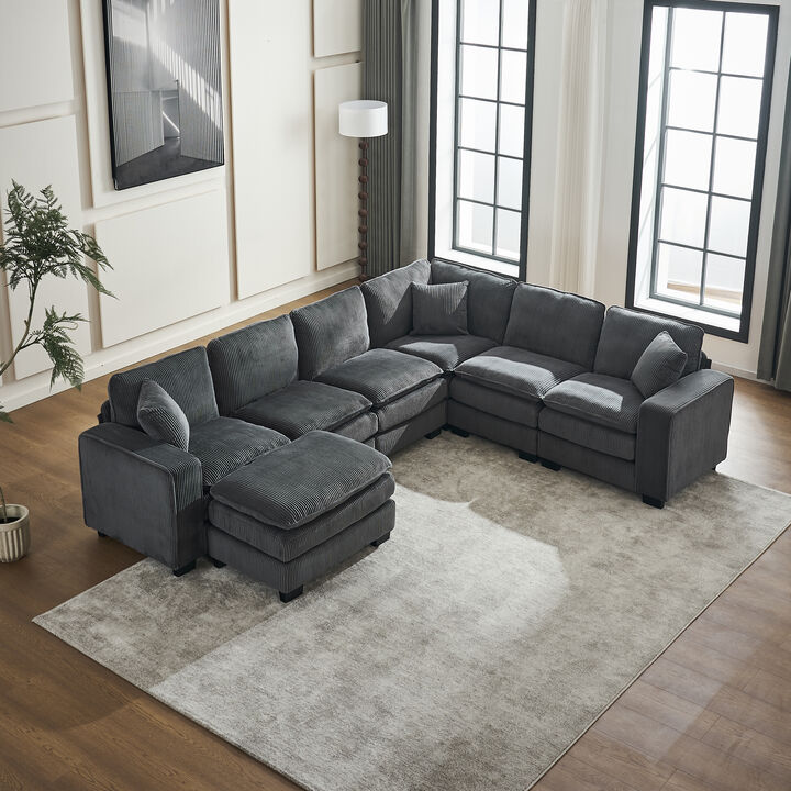 Merax Modern U Shaped 6-seat Sectional Sofa Couch with one Ottoman and three toss pillows