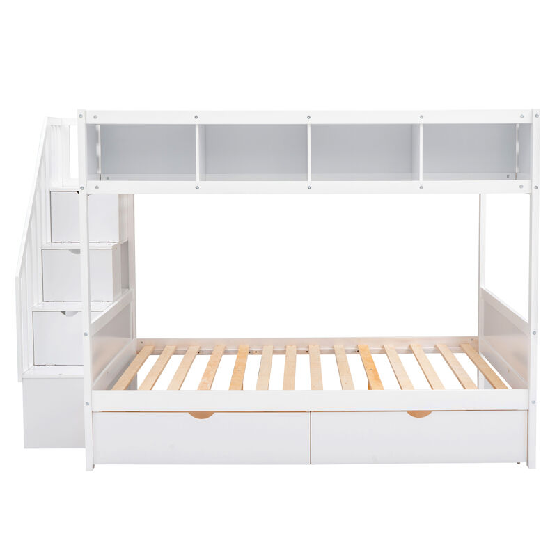 Twin Over Full Bunk Bed With Shelfs, Storage Staircase And 2 Drawers, White