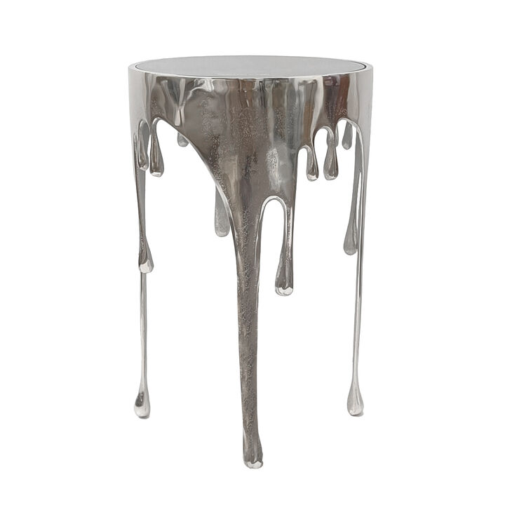 Capri Side End Table | 24.75 Inch Round Glass Top | Melting Drip Design | Silver