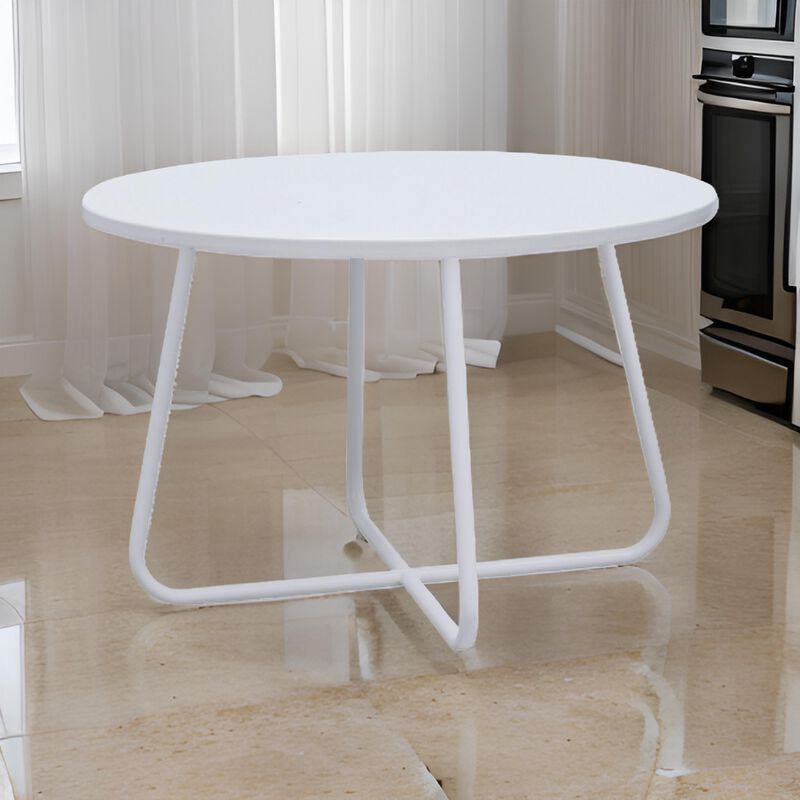 Lei 28 Inch Round Coffee Table, Wood Top in White with White Metal Base