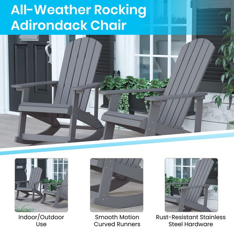 Flash Furniture Savannah Poly Resin Wood Adirondack Rocking Chair - All Weather Gray Polystyrene - Stainless Steel Hardware