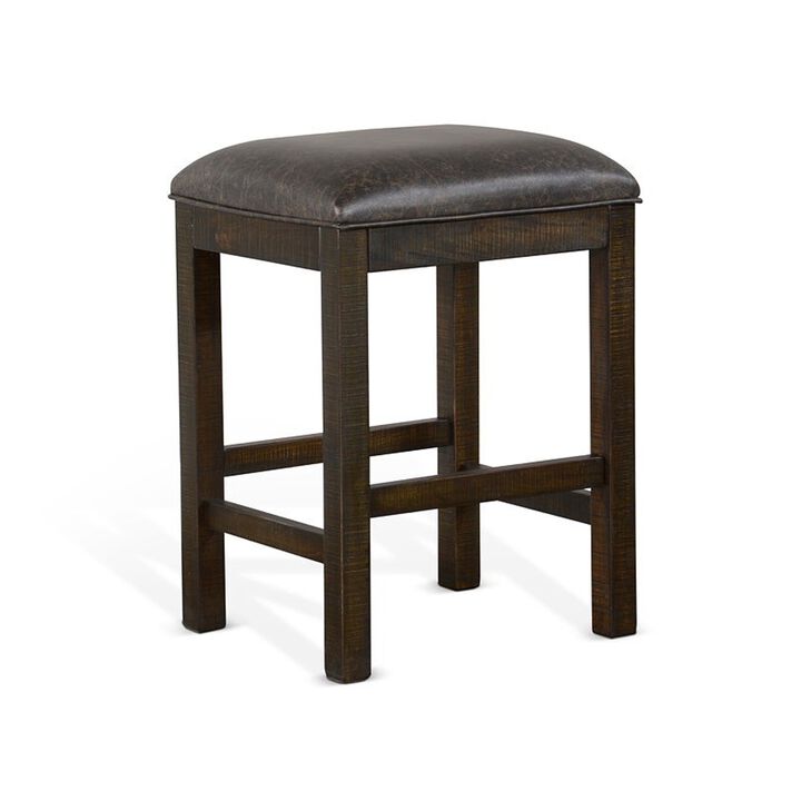 Flint Counter Stool, Faux Leather Seat, 24 Inch High, Dark Brown Wood - Benzara