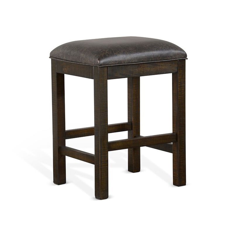 Flint Counter Stool, Faux Leather Seat, 24 Inch High, Dark Brown Wood - Benzara