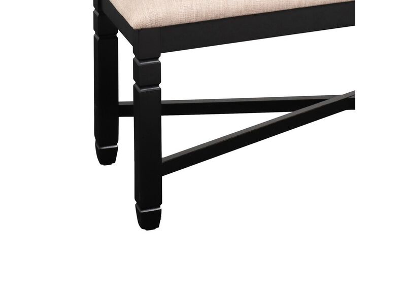 Fabric Dining Bench with Turned Legs and X Shaped Support, Beige and Black - Benzara