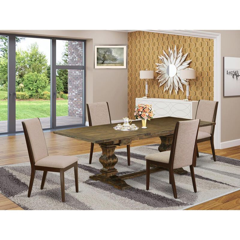 East West Furniture 5 Piece Dining Room Table Set Includes a Rectangle Kitchen Table with Removable Leaf and 4 Light Tan Linen Fabric Parsons Chairs, 42x92 Inch, Jacobean