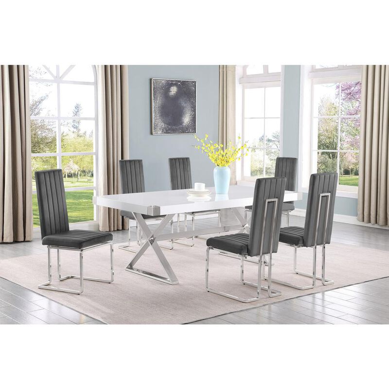 Best Quality Furniture 7pc Small(78) white wood top dining set with silver base and 6 chiars