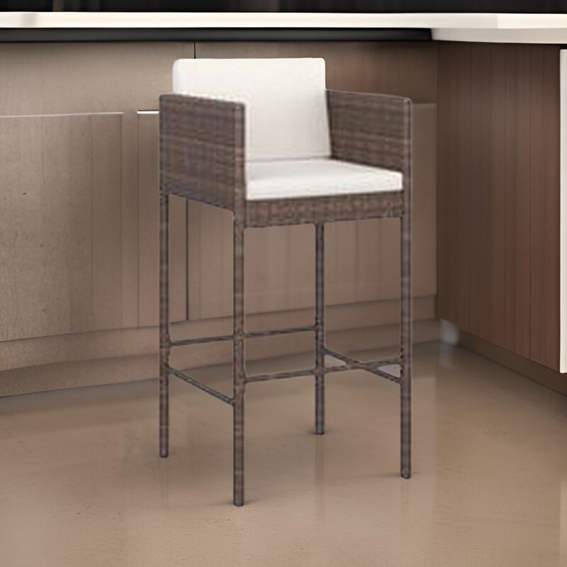 4pc Outdoor Barstool Chair Set, White Cushion, Brown Rattan, 30 Inch