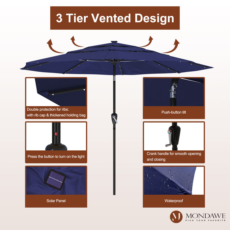 Mondawe 11 ft. Market Patio Umbrella 3-Tiers Crank and Tilt Outdoor Umbrella with LED Lights image number 5