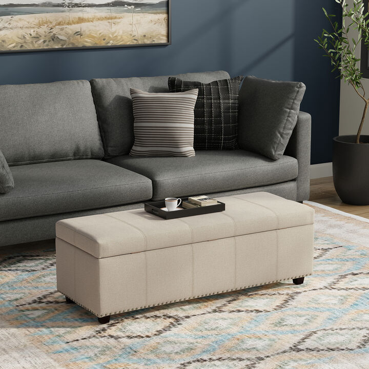 Kingsley 48 inch Wide Transitional Rectangle Large Storage Ottoman in Natural Linen Look Fabric, Assembled