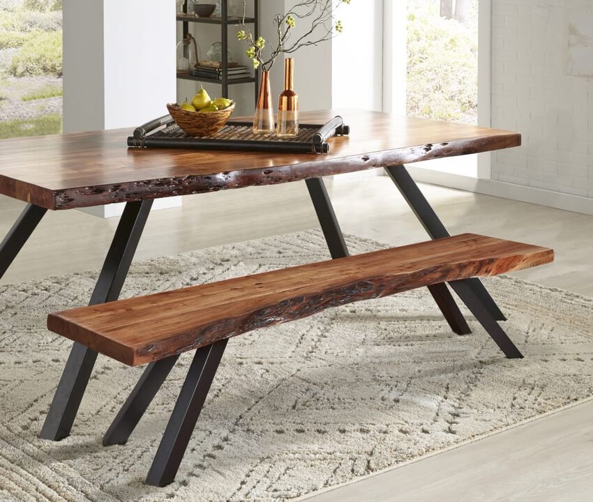 Reese Live Edge Solid Wood Metal Leg Dining Bench in Natural Acacia