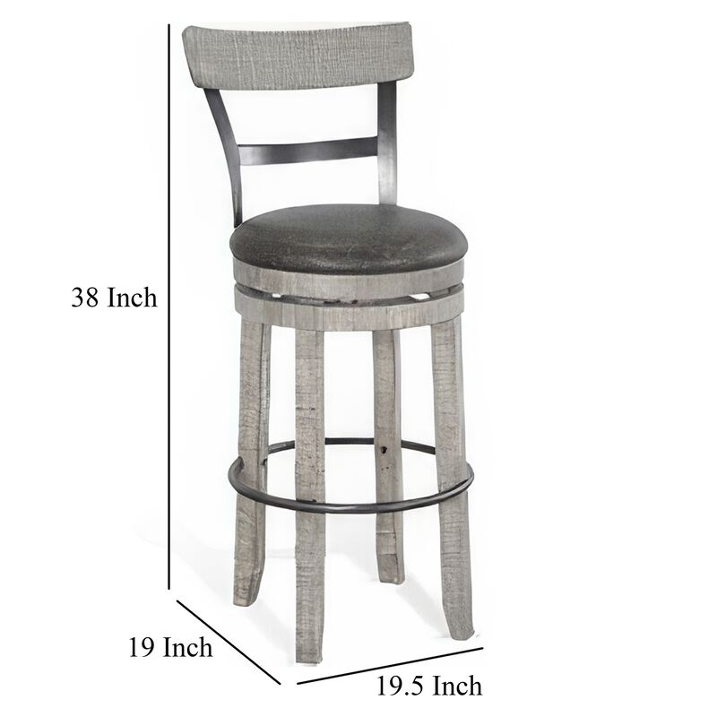 Zeka Swivel Barstool Chair Set of 2, Faux Leather, Gray Mahogany Wood - Benzara