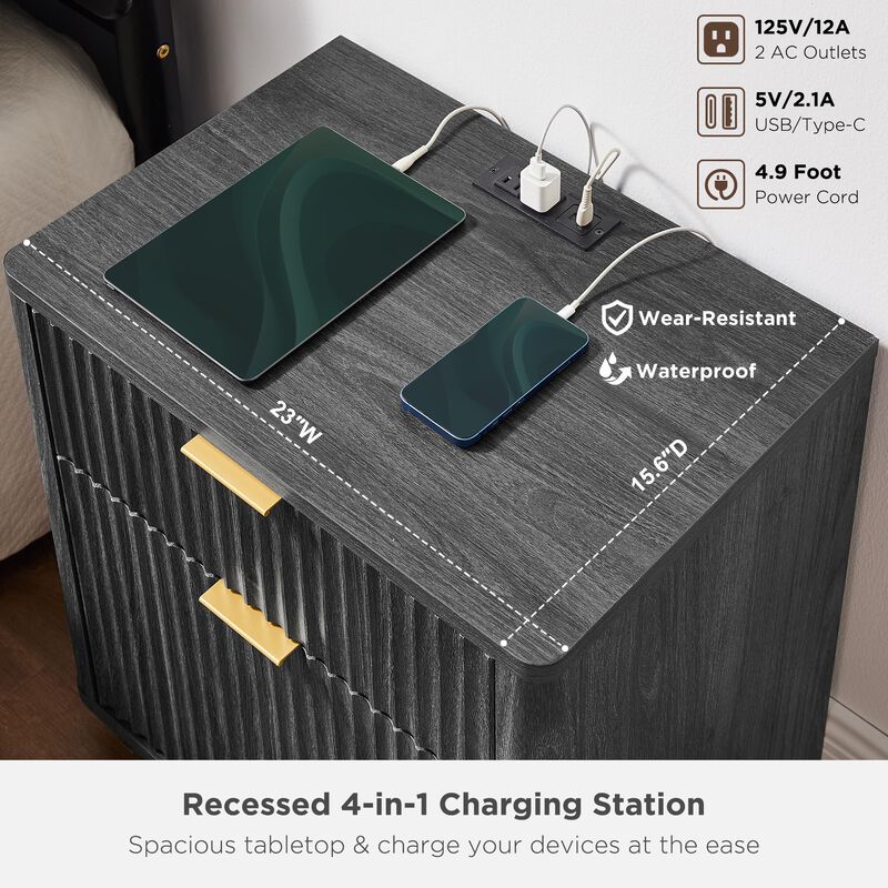 Fluted 2-Drawer Nightstand with Charging Station, Curved Modern Bedside Table image number 4