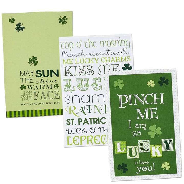 Set of 3 Green and White Printed St Patrick's Day Dishtowels 28"