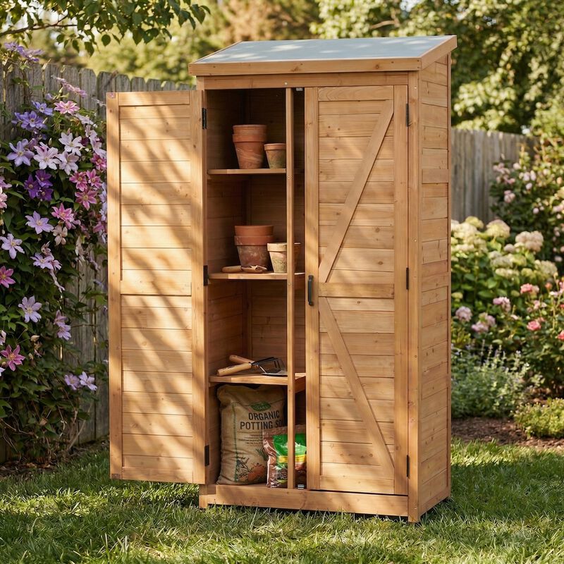 WOW PIONEER Spacious Tall Vertical Outdoor Wooden Storage Shed with Sloped Metal Top for Backyard Garden Patio Lawn Tool and Supply Organization image number 3