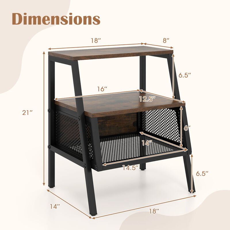 3-Tier Bedside Tables Set of 2 with Open Shelves and Metal Mesh Storage image number 2