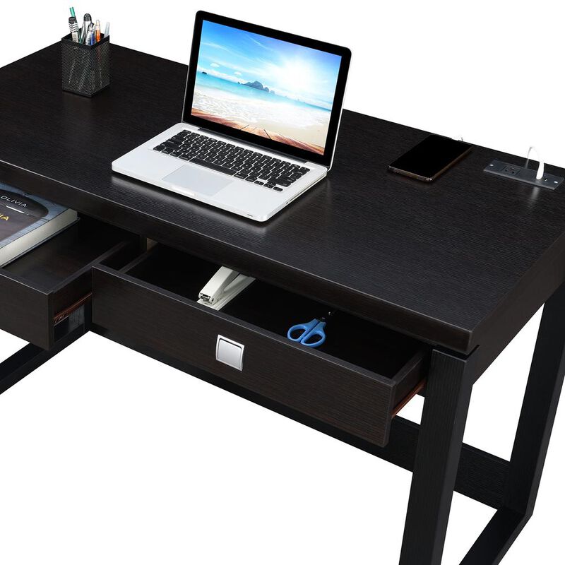 Convenience Concepts Newport 2 Drawer Desk With Charging Station, Espresso/Black