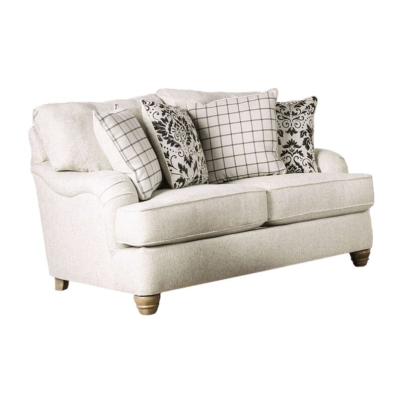 Selly Loveseat, Ivory Fabric, 4 Accent Pillows, Pleated Arms, 65 Inch - Benzara - Benzara image number 0