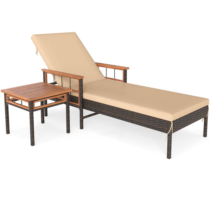 Rattan Patio Chaise Lounge with Adjustable Backrest and Side Table &ndash; Beige
