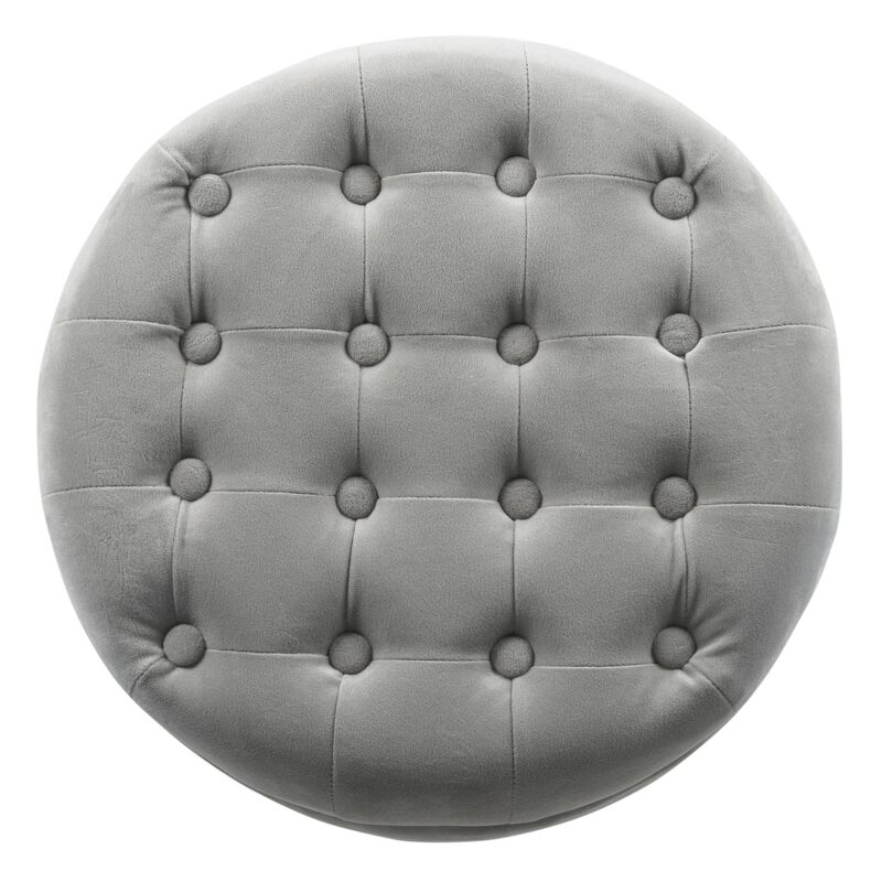 Button Tufted Velvet Upholstered Wooden Ottoman with Hidden Storage, Light Gray and Brown - Benzara